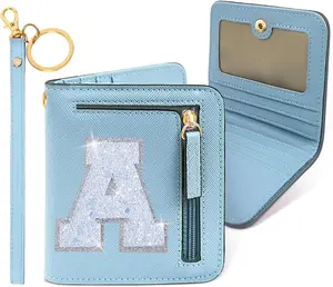 Initial RFID Wallet Small for Women Teen Girl Travel Daily Necessities, Compact Bifold Change Purse with Letter Patch Card Slot Lady Personalized Easter Gift Blue A