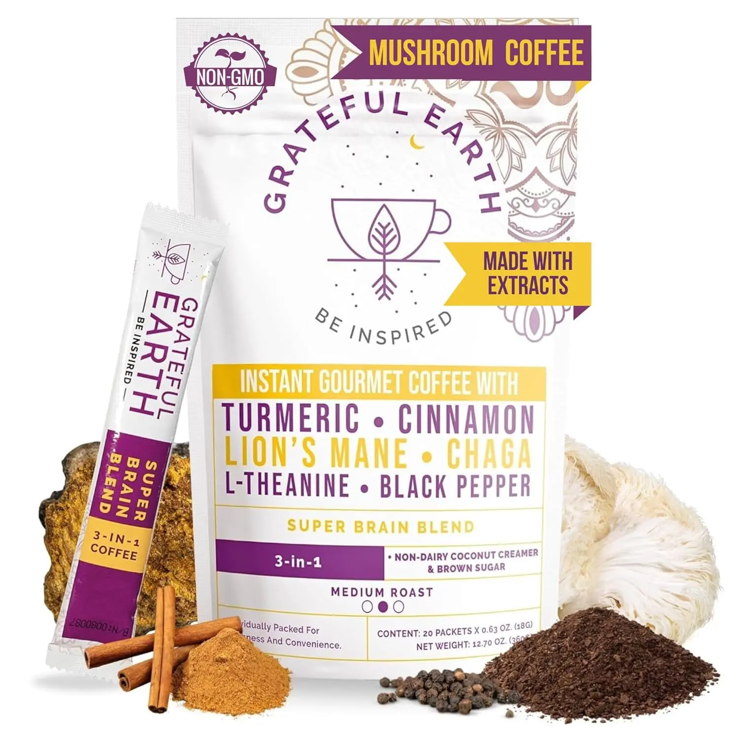 Grateful Earth Mushroom Coffee, Coconut Instant Coffee with Cinnamon, Turmeric, Lion’s Mane Mushrooms, L-Theanine, Chaga, Super Brain Blend For Energy & Immune Support, Dairy & Gluten Free, 20 Packets