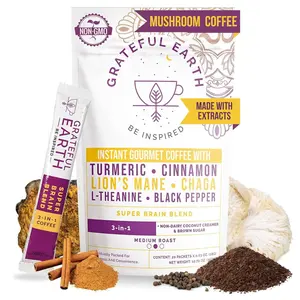 Grateful Earth Mushroom Coffee, Coconut Instant Coffee with Cinnamon, Turmeric, Lion’s Mane Mushrooms, L-Theanine, Chaga, Super Brain Blend For Energy & Immune Support, Dairy & Gluten Free, 20 Packets