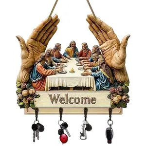 2D Flat Jesus and Disciples Wall Art Keychain,Exquisite Religious Design with Four Metal Hooks,  Jesus The Last Supper,2D Flat  Figurine, Christian Home Decor,Artificial Wood & Metal Frame, Porch Welcome Sign,  Home Decor, Intricate ,Day giftScene