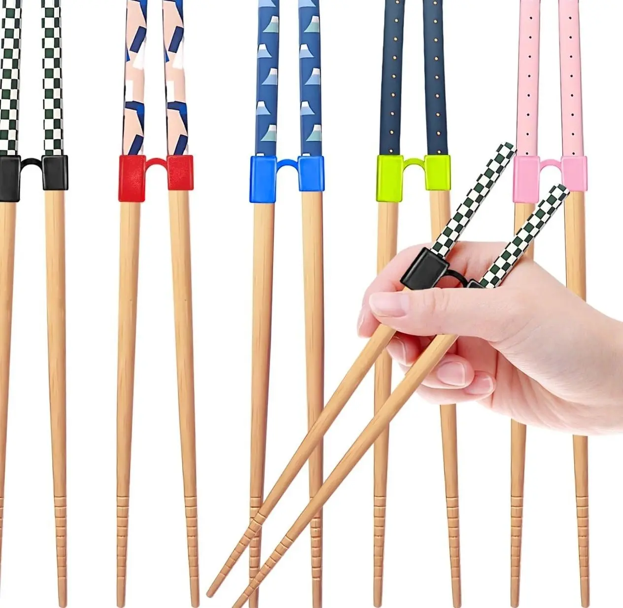 5 Pairs Reusable Adult Kid Training Chopsticks Trainers for Beginners, Japanese Wooden Beginners Learning Training Chopsticks Helpers Set, Dishwasher Safe