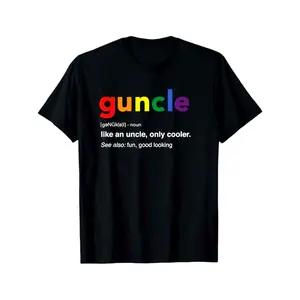 Guncle T-Shirt Featuring Rainbow-Colored Letters: G in Red, U in Orange, N in Yellow, C in Green, L in Blue, And E in Purple. It Has a Printed Front with Pronunciation [G? Nklu? And Describes a Noun That Refers to an Uncle But Is Cooler. Also Relat