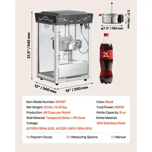 VEVOR Popcorn Machine, 8oz Stainless Steel Kettle, 800W Commercial Countertop Popcorn Maker, 48 Cups per Batch Theater Style Popper, with 2-Button Control Glass Wall PC Door 1 Scoop 3 Spoons, Black