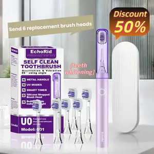 EchoRid Rechargeable Ultrasonic Toothbrush with UV Self-Cleaning Sanitizer Light,Durable Metal Handle,30-Day Battery Life, Smart Timer, 6 Brush Heads,travel Case,Oral Cleansing&Plaque Removal,Silver&Purple pore sucker,Sensitive,Plaque Remover Acne summerv