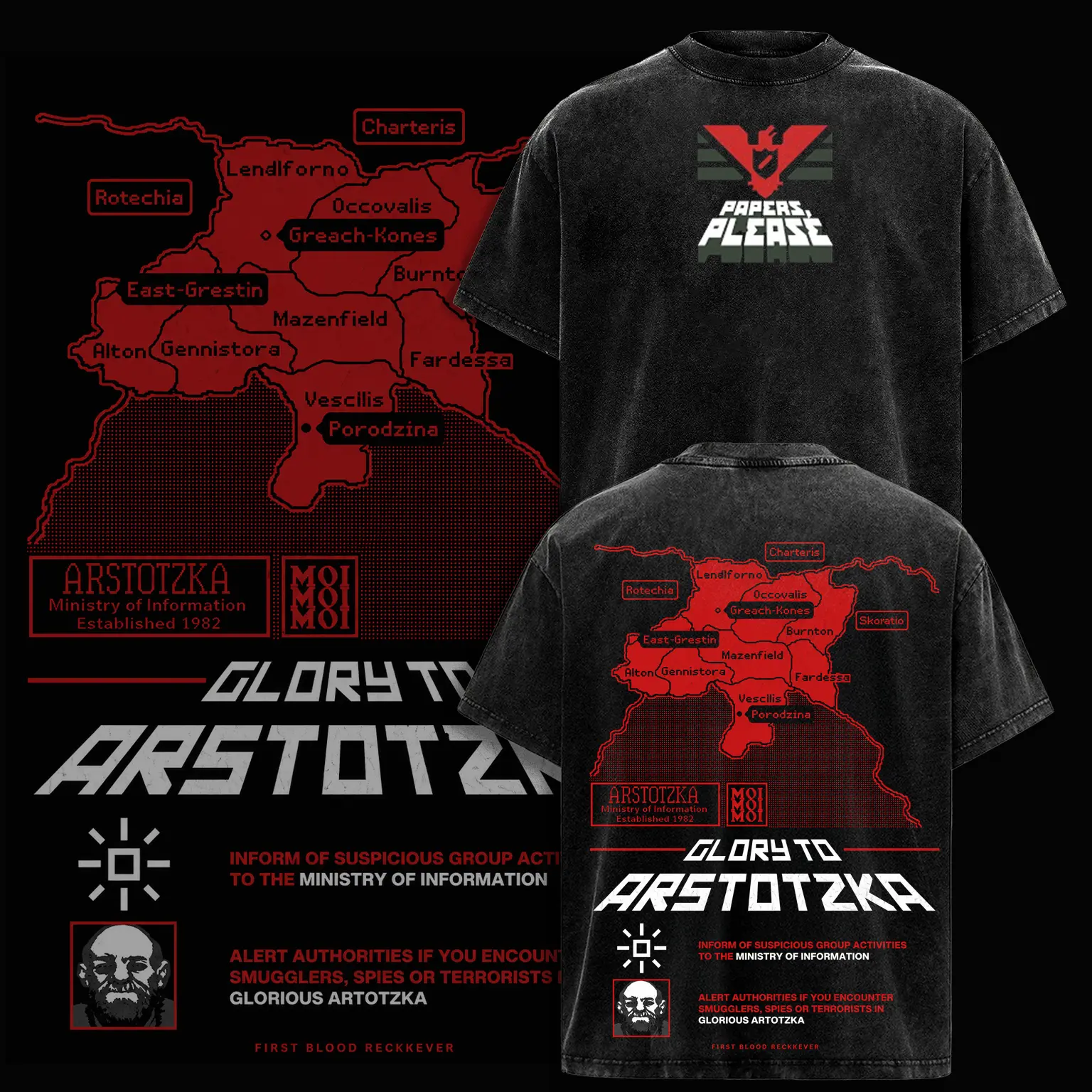 Papers Please Shirt Glory To Arstotzka Vintage Acid Washed Oversized T-Shirt Gothic Graphic Tee Y2K Clothing Summer Men Clothes Outfits Unisex Video Game Clothes Gifts For Him Apparel Epic Indie Dystopian Gamer Merch Retro Top