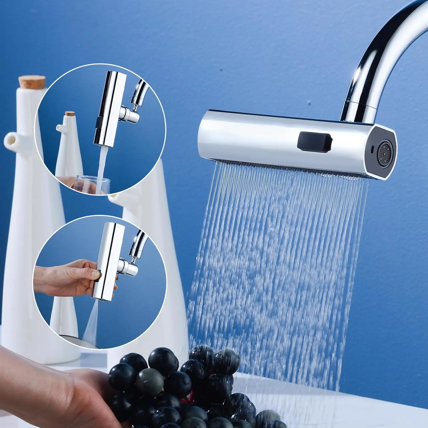 Splash Proof Faucet Sprayer Attachment - 360-Rotatable Rotary Faucet with 3-Water Outlet Mode, Brass & ABS Aerator, 55/64''(22mm) Female Thread Chrome Adapter Kit for Adjustable Sink Taps (Waterfall Compatible)
