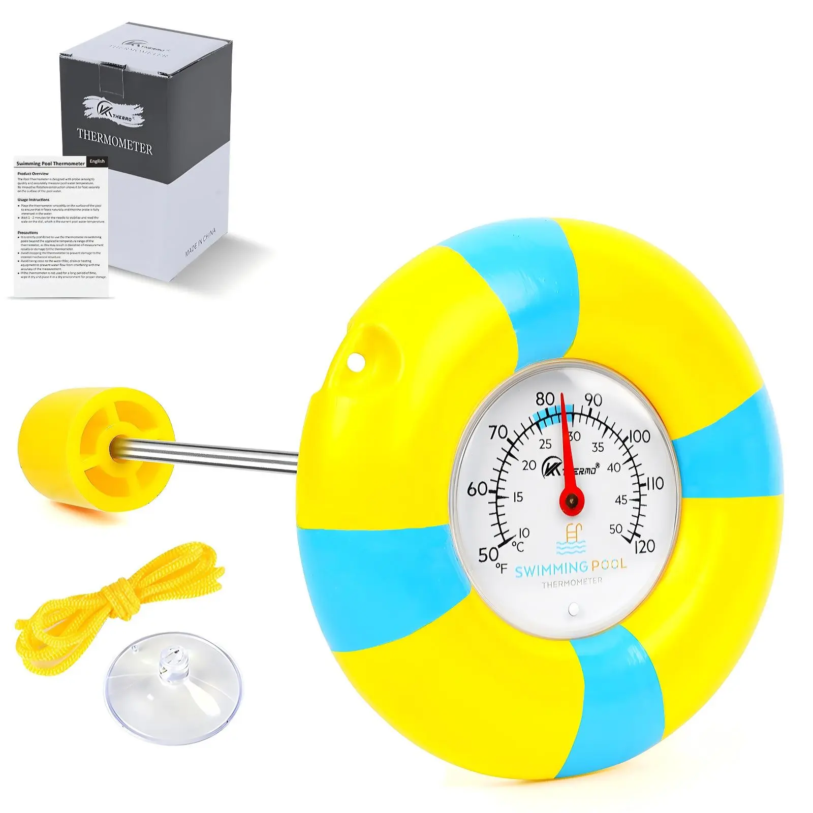 Floating Pool Thermometer with Dual Scale, Tether and Suction Cup, Waterproof Design for Swimming Pool, Hot Tub, Spa or Fish Pond Use