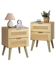 WLIVE Wood Nightstand Set of 2, Night Stand Sets with 2 Rattan Decor Drawers, End Tables with Solid Legs, Bed Side Table for Bedroom, Living Room