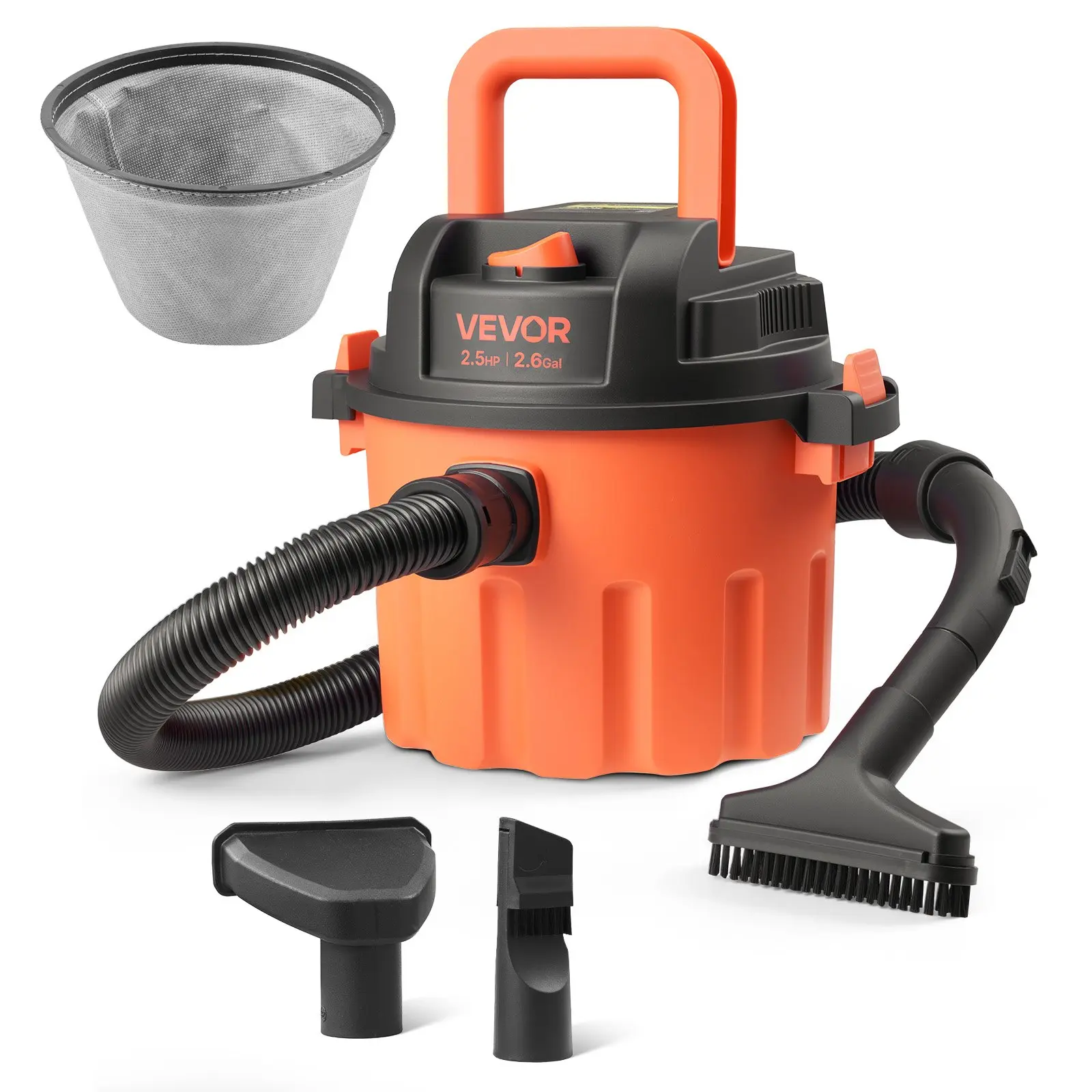 【Summerfinds】VEVOR Compact Corded Shop Vacuum, 2.6 Gal Bin, 2.5 Peak HP 800W 110–120V~ / 60Hz Lightweight 6 lbs Model, Strong Suction, 1.25in x 4ft Hose, 9.2ft Cord, Multiple Nozzles, 3x Larger Coverage, for Indoor & Garage Cleanup (Black Orange), Com, Co