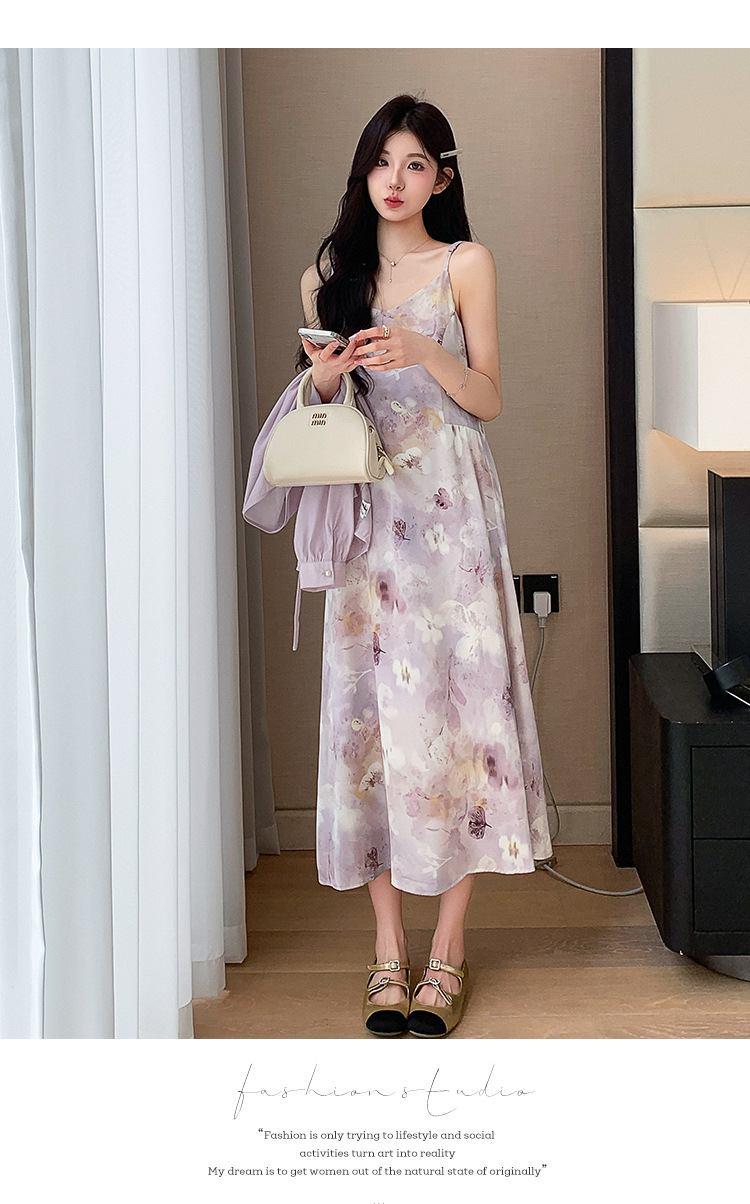 Sweet And Gentle Style Purple Printed Slip Dress Shirt And Cardigan Two-Piece Set