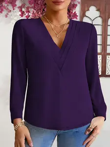 Elegant V Neck Long Sleeve T-Shirt Top, Plus Size Solid Color Ruched Design, Spring & Fall Fashion, Women's Casual Wear