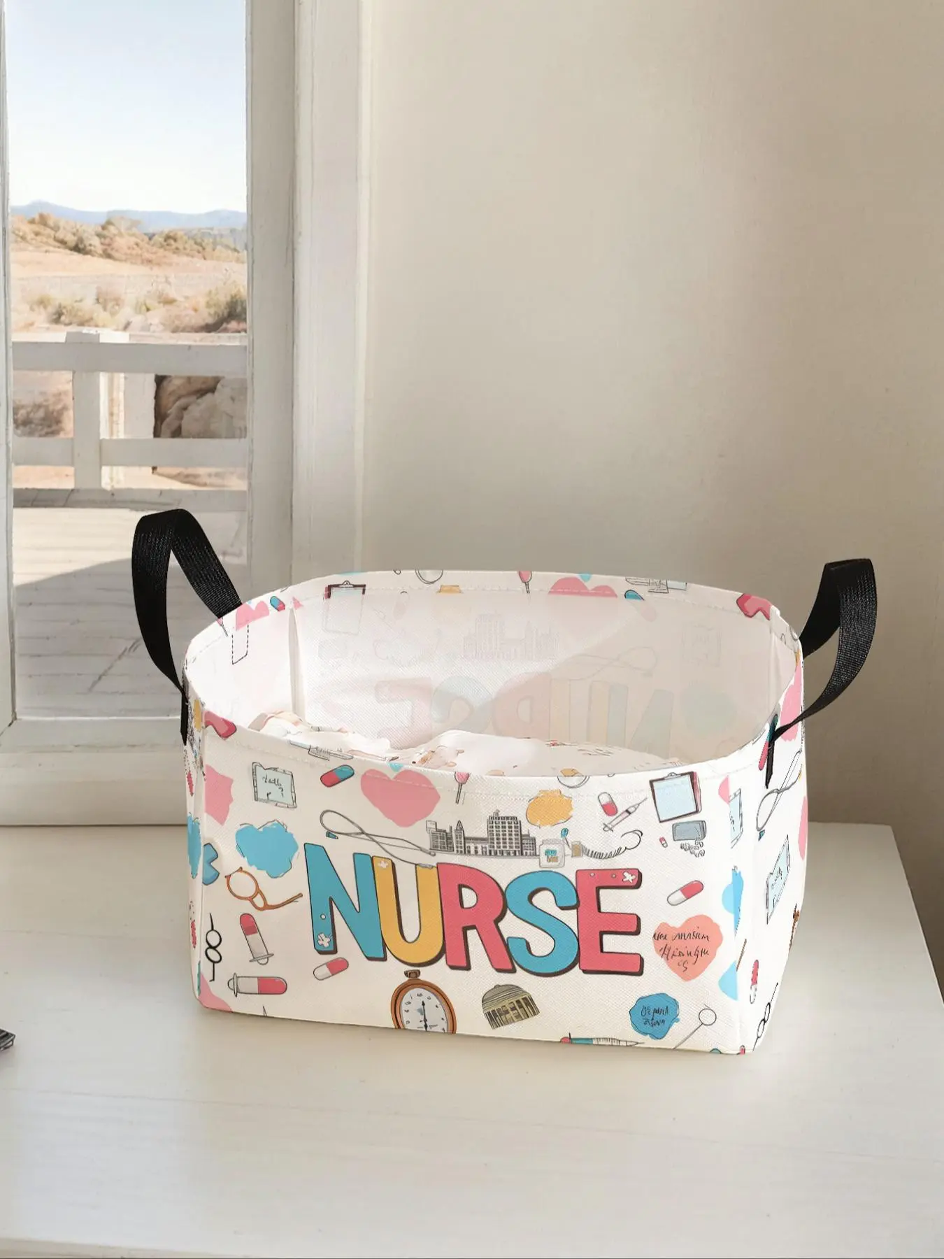 Cartoon Medical Pattern Nurse Printed Open Storage Box, Multi-functional Storage Basket with Handle, Foldable Clothes Storage Box