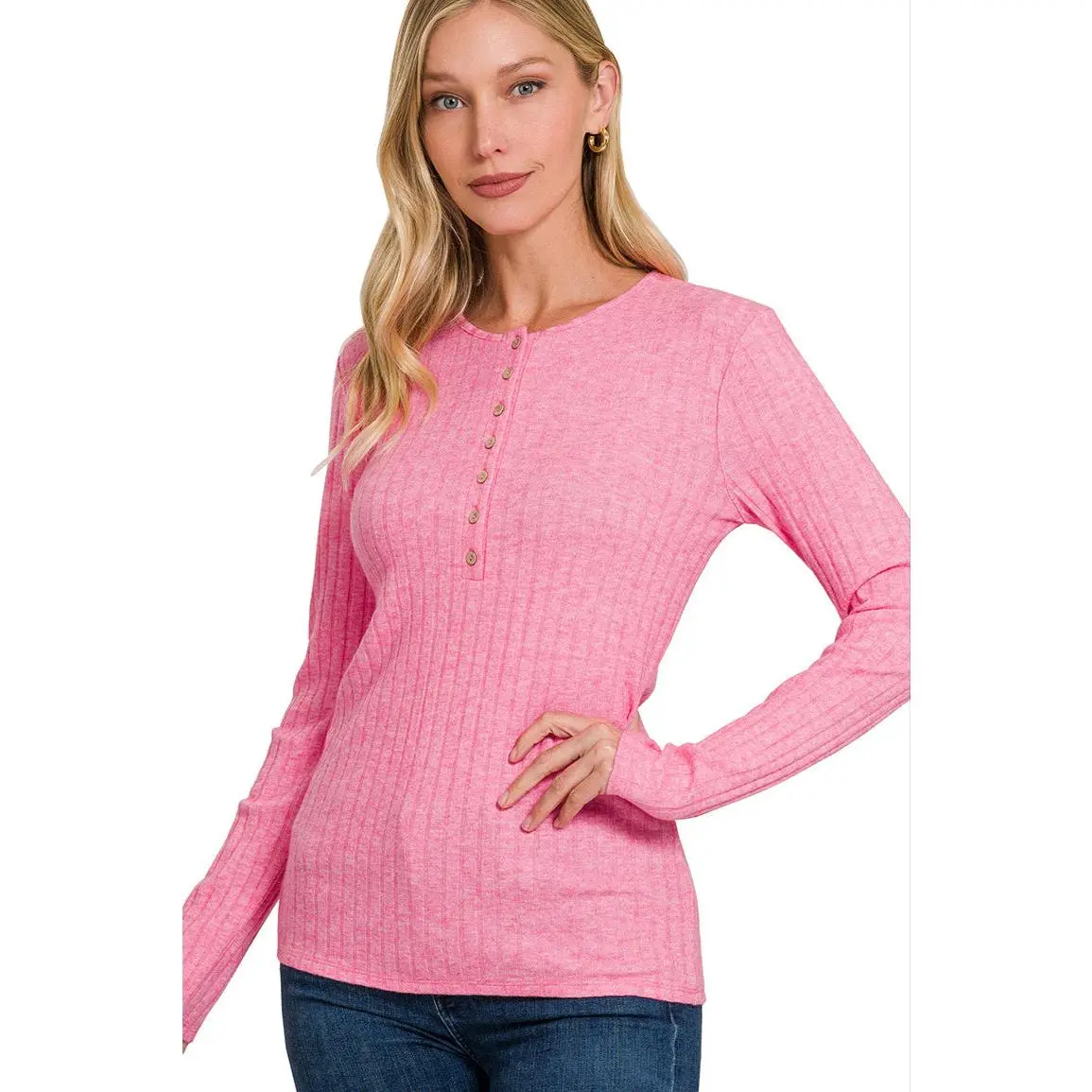 Fuchsia Ribbed Button Long Sleeve