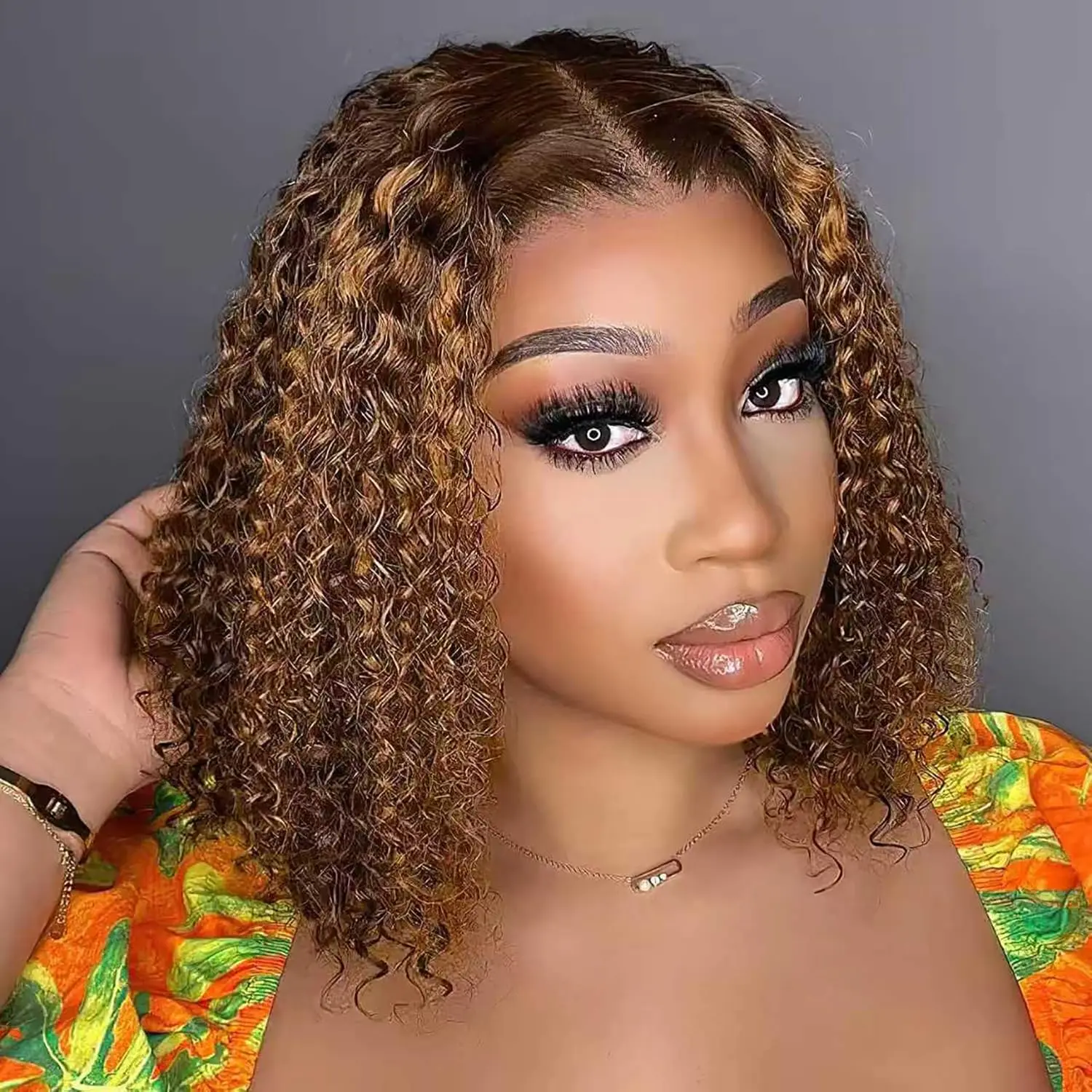 13x4 Honey Blonde Wig Human Hair #4/27 Highlight Ombre Lace Front Wig Human Hair 16 Inch Kinky Curly Bob Colored Wigs for Black Women 180% Density