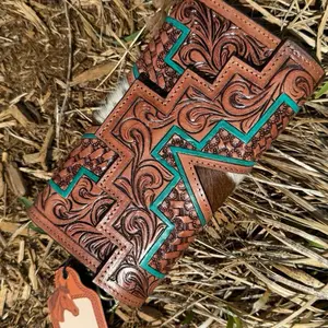 Leather Trifold Crossbody Wristlet with Intricate Embroidery and Turquoise Accents for Stylish Everyday Use