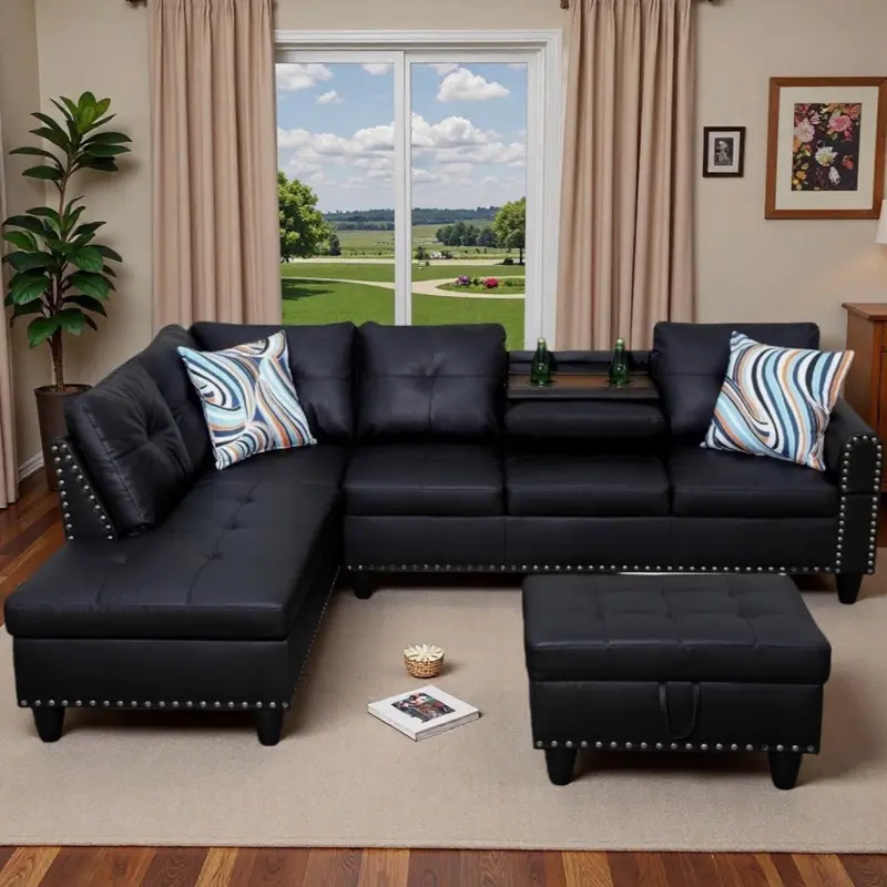 Black Stylish Faux Modular Sofa Set For Living Room Sectional Couch And Ottoman