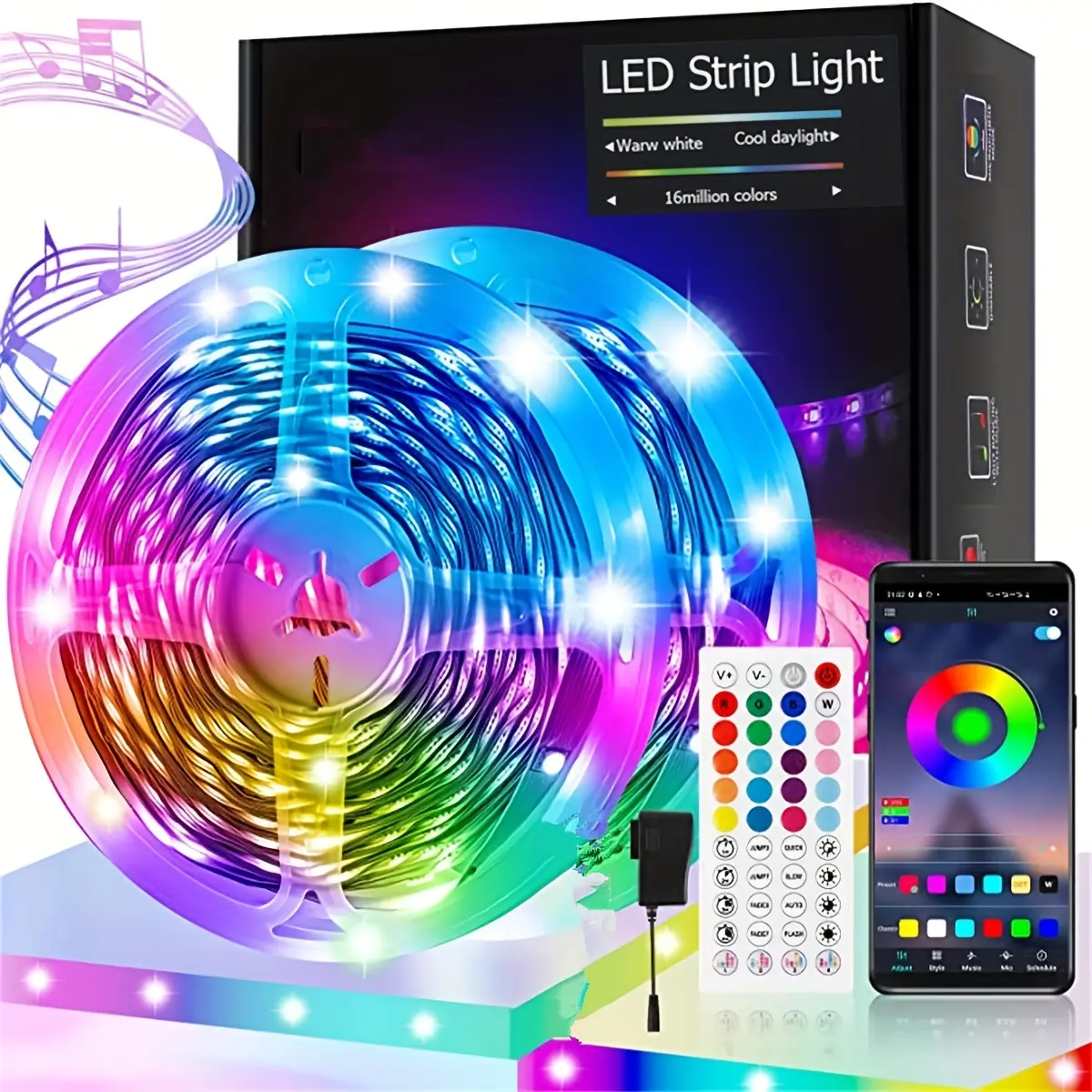 100ft LED Strip Light, 5050 RGB LED Strip, Music Light Sync Color-Changing, supports smart App control, suitable for bedroom, living room, party home decoration, flexible home decoration