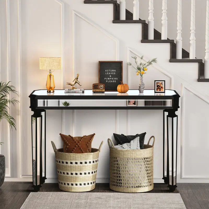 Vintage Rectangle Console Table - 48in W x 32.3in H x 18in D, Classic Modern Wood Grain, Carved Details, Black Mirrored Top, Solid Structure for Entryway, Living Room