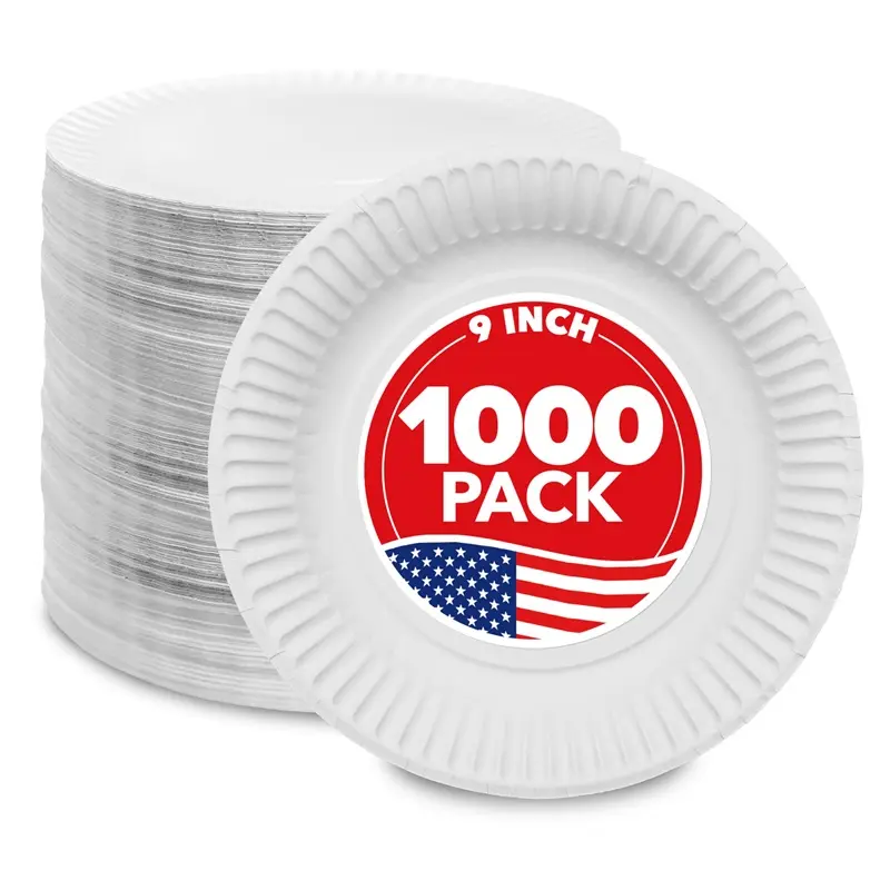 Stock Your Home 9-Inch Paper Plates Uncoated, Everyday Disposable Plates 9" Paper Plate Bulk, White, 1000 Count