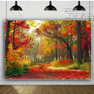 2D Flat Polyester Photo Backdrop & Banner Painting, Forest Scene with Realistic Autumn Golden-Yellow & Red-Orange Leaves, Soft Texture, Multi-Size Options, Easy Hanging for Weddings, Parties