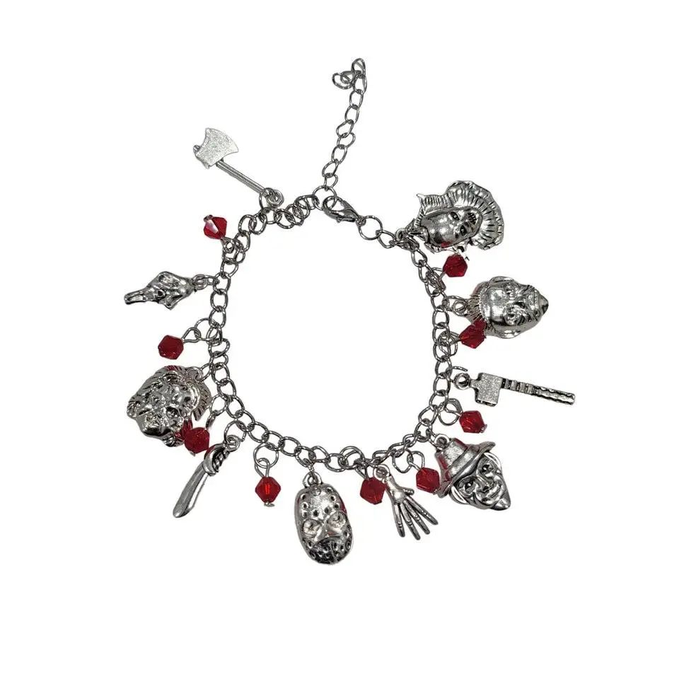Horror charm bracelet Freddy Michael Jason Chucky and more red beads silver charm bracelet