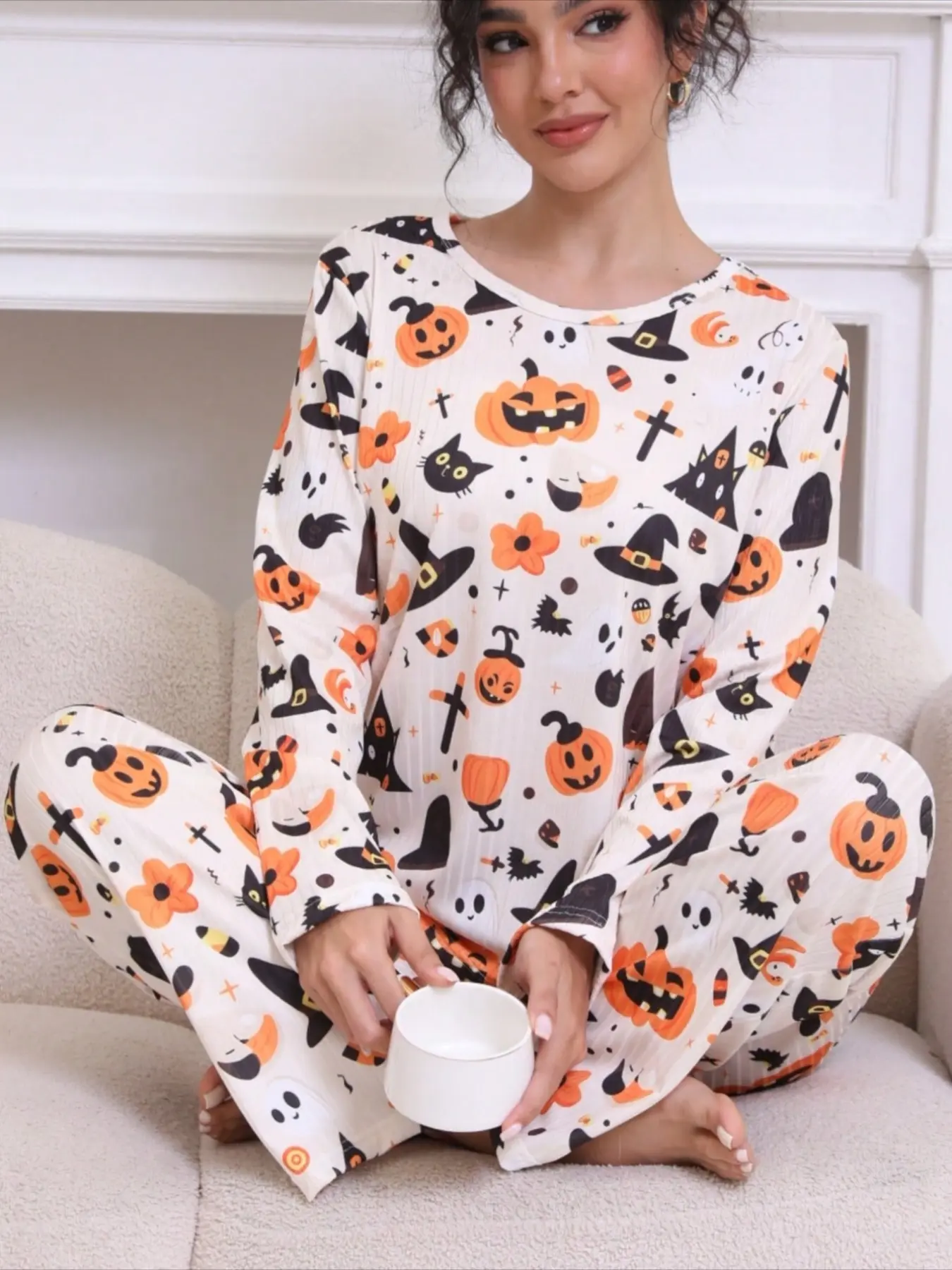 Women's Halloween Pumpkin Sleepwear Set, Fall & Winter Fitted Pajamas, Casual Comfortable Long Sleeve Loungewear, Soft Fabric