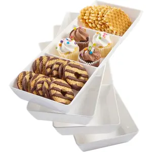 Avant White Plastic Divided Serving Trays (Set of 4) 15" x 5" | Narrow Reable 3-Section Party Platters | Serve Appetizers, Fruit, Veggies, & Desserts |  &  A