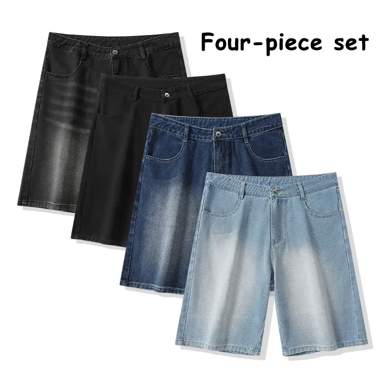 Multi-color 4-pack oversized denim shorts bundle — vintage washed baggy wide-leg knee-length jorts, streetwear hip-hop skater loose-fit jean shorts for men and women, casual outfits