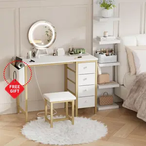 Gold Vanity Desk with Mirror and Light- Makeup Vanity Set Table with Chair, Storage, Lighted Mirror, 4 Large Fabric Drawers & Power Outlet, Dressing Table Vanities for Girls Bedroom, Get Free Gift