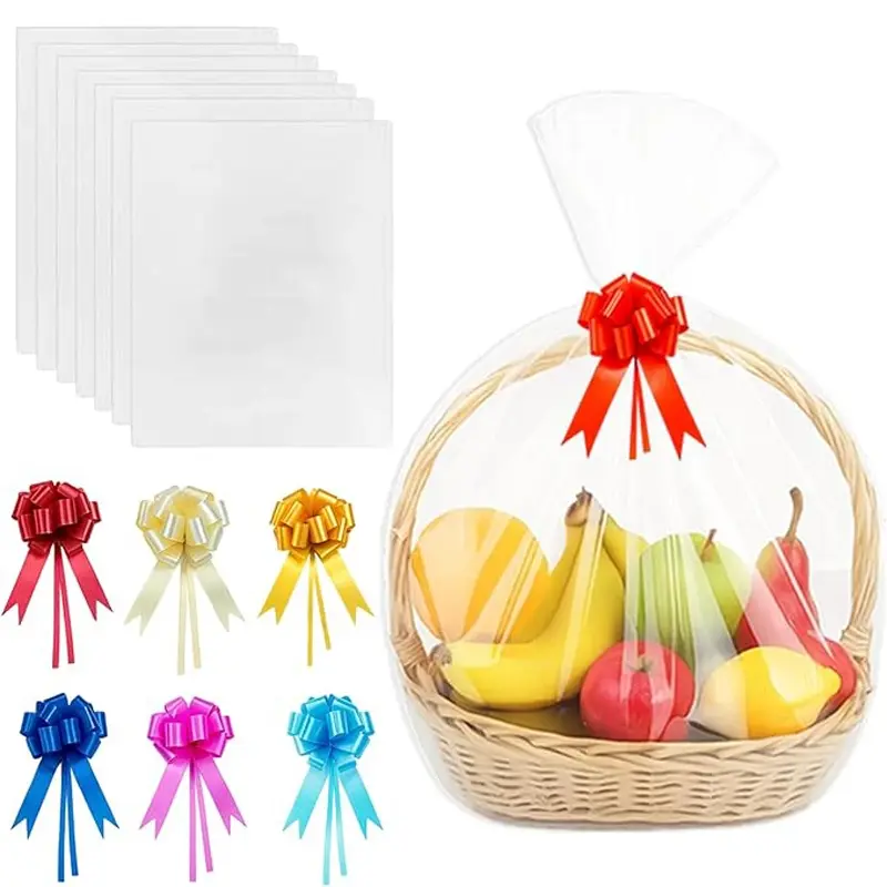 Transparent Gift Bags with Bows, 60cm X 90cm, Sturdy Cellophane Gift Wrapping for Christmas, Weddings, DIY Projects, Flower Packaging