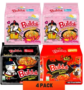 SAMYANG Korean Buldak (Spicy Chicken) Stir-Fried Noodles – Classic 3‑Flavor Pack,4 bags,5 packs/bag.Original + 2x Spicy + Cream CarbonaraPerfect for holiday family gatherings, quick meals, breakfast, lunch, or dinner—a versatile, go‑to meal choice.