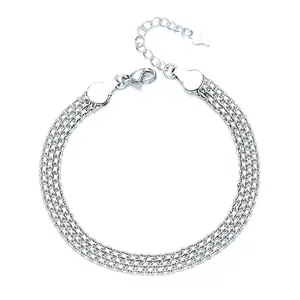 Women's Unbranded White Gold-Tone Multi-Layer Lace-Woven Round Bead Snake Chain Bracelet - Copper Metal, Korean-American Fusion Style, Daily Wear or Travel Commemoration Gift