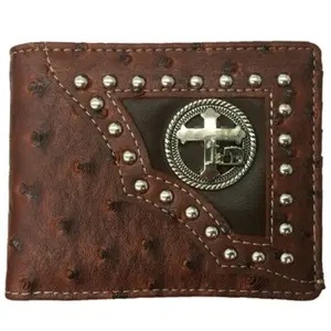 Western Cowboy Men's Bifold Wallet – Praying Cross Design, Ostrich Brown