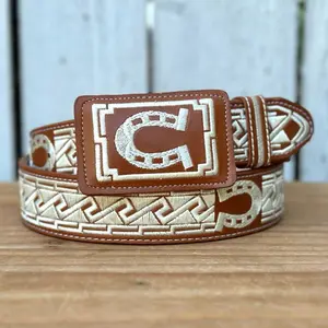 Natural “Herradura” Embroidered 1 5/8” Wide Belt with Rectangular Buckle | Made in Jalisco, Mexico