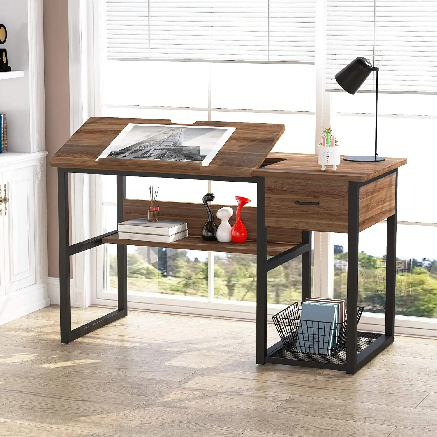LITTLE TREE Drafting Table with Storage Drawers, Drawing Computer Desk Artist Craft Table Painting Desk Workstation with Shelves and Tiltable Tabletop for Students, Home Office
