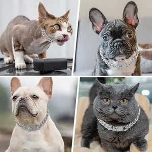 Silver 16 Inch Cuban Link Dog Collar 13mm Wide Bling Crystal Metal Pet Collar for Small Medium Large Dogs Cats Durable Zinc Alloy Zirconia Diamond Decoration Elegant & Comfortable Fit