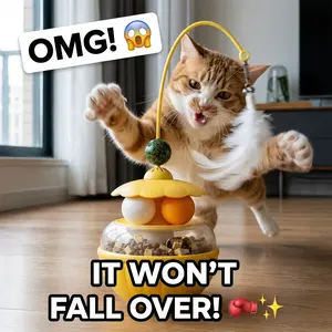 Interactive Cat Toy with Treat Dispenser and Wobble Base, Multi Play Cat Toy with Feather Wand, Catnip Ball and Track Balls, Slow Feeder Cat Toy for Indoor Cats, Anti Tip Cat Toy for Exercise and Mental Stimulation