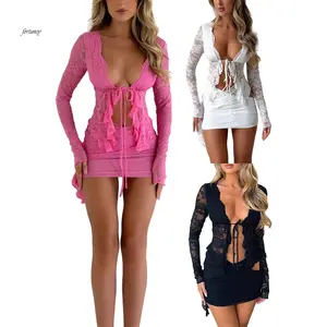 Women Crop Long Sleeve Tops Floral Lace Basic Shirt Casual Tie Front Cardigan for Club Streetwear Aesthetic Clothes