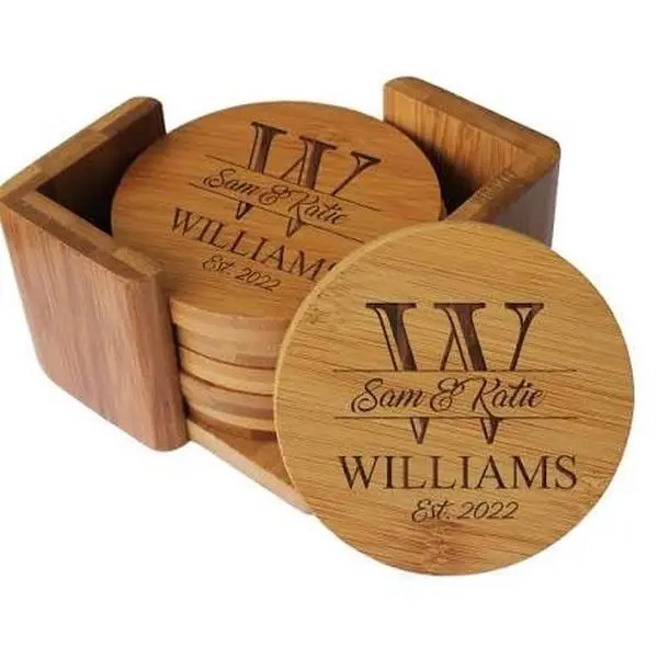 Handcrafted Round Custom Engraved Wood Coasters - BPA-Free Set of 4, Personalized with Name, Initials or Design for Coffee Tableware, Room Decor, Housewarming Gifts