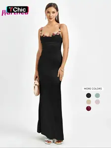 Parthea Women's Plain Flower Decor Ruched Backless Bodycon Cami Dress, Elegant Tie Back Sleeveless Long Dress for Party Club Dating Wear, Ladies Summer Clothes