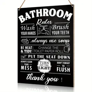Bathroom rules: Wall mounted decorative signs, hand washing, powder room bathroom decoration. Bathroom decorators use black metal signs for bathroom wall decoration and flush toilet signs