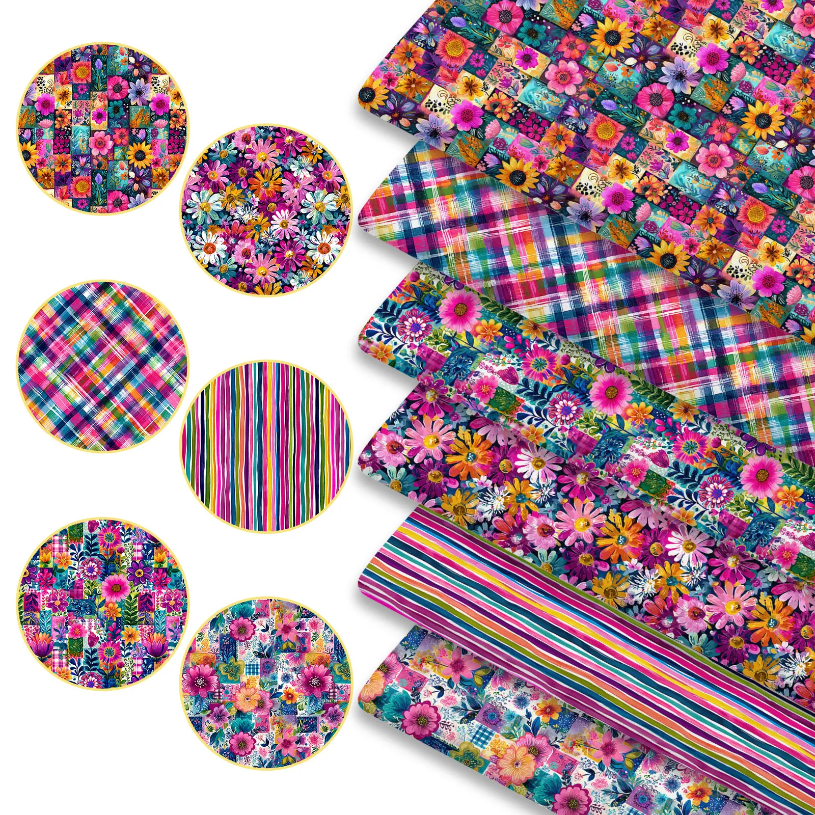 6pcs Vibrant Boho Elegant Floral Woven Fabric Bundles, 45cm*50cm/17.72in*19.69in Repeating Bright Ditsy Flower Pattern Fabric Squares for Quilting, Patchwork Sewing Material for Bedding, Tablecloth, Bags, Headbands, Pillowcases