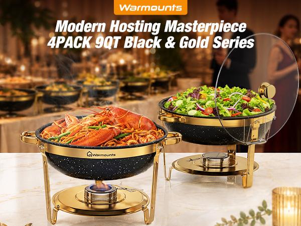 WARMOUNTS 9QT Gold Round Chafing Dishes Display Set - Maifanite-Coated Stainless Steel Food Warmers with Glass Lid Holder, Rolled-Edge Design, Stackable Storage for Catering Events, Maifanite Coat, Round Shape WARMOUNTS 9QT Gold Round Chafing Dishes Display Set - Maifanite-Coated Stainless Steel Food Warmers with Glass Lid Holder, Rolled-Edge Design, Stackable Storage for Catering Events, Maifanite Coat, Round Shape