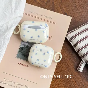 French Chic Blue Small Floral Flower Blue Splash-Ink with Letter Pattern Cute Earphone Case Cover Accessories Protection for AirPods 1 2 3 4 Pro Pro2nd Generation Pro 3