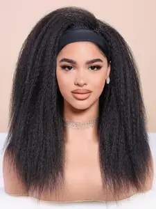 18 Inches Kinky Straight Headband Wig for Women, Yaki Straight Wigs with Headband, Kinky Afro Wigs for Women, Synthetic Material Wigs, Synthetic Hair Wigs, All Seasons