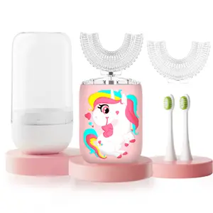 Children's U-shaped electric toothbrush with 4 brush heads, children's sonic toothbrush with 5 modes, unicorn 360 ° cleaning, IPX7 waterproof design, Christmas gift , With a storage cup (suitable for 2-15 years old ) Kids Toothbrush Sonic