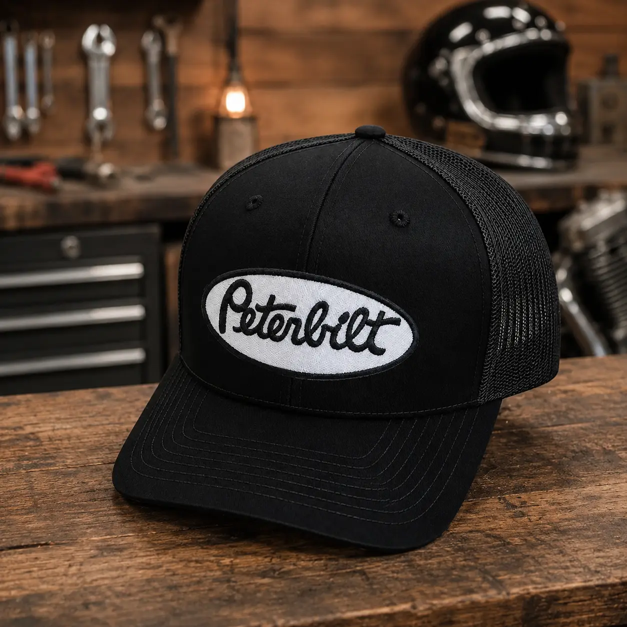 Peterbilt White Patch Trucker Hat, Black Mesh Snapback Cap, Embroidered Patch Hat, Semi Truck Driver Gift, Big Rig Enthusiast Adjustable Cap