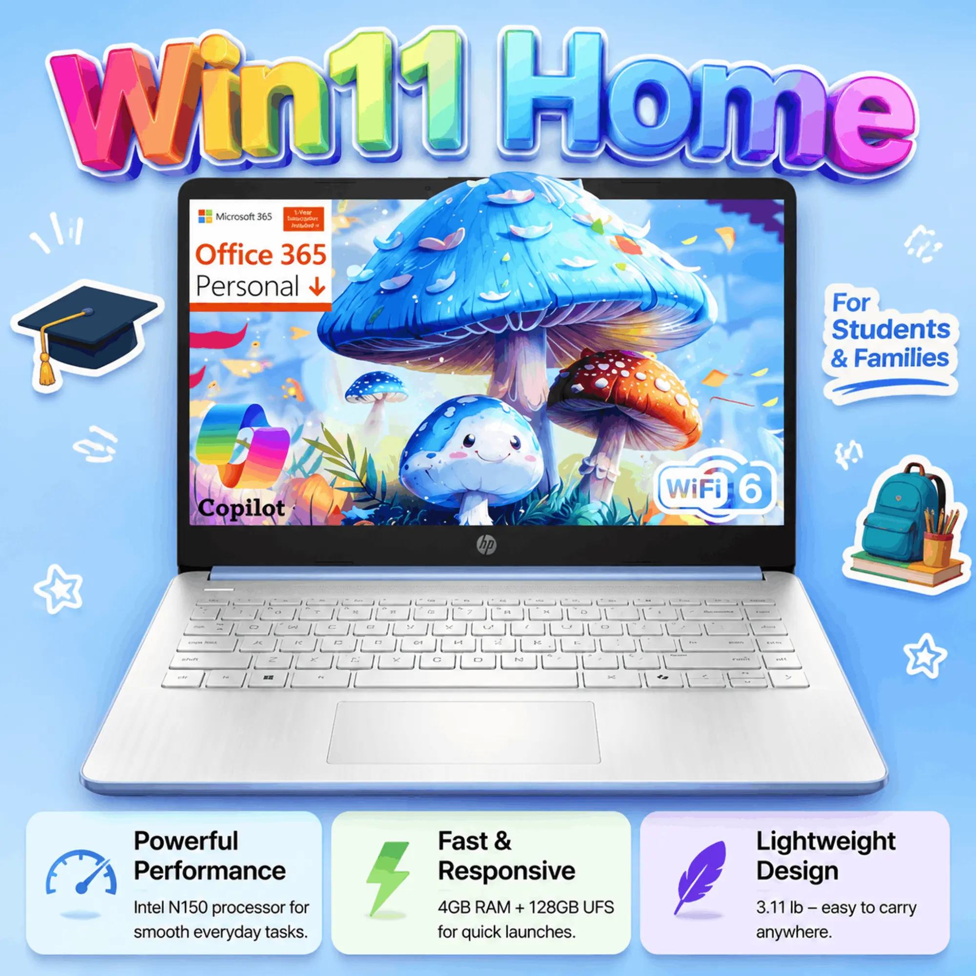 HP 14‑Inch Slim Lightweight Student Laptop, Intel N150 Processor Up To 3.6 GHz, 4GB RAM, 128GB Storage,1-Year Office 365,Windows 11 Home Notebook, Ideal For Schoolwork & Everyday Use, Blue