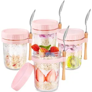 Glass Overnight Oats Containers with Lids and Spoon, 16oz Wide Mouth Mason Jars for Overnight Oats, Cereal, Yogurt, Salad Lunch Container with Measurement Marks - Pink 4 Pack