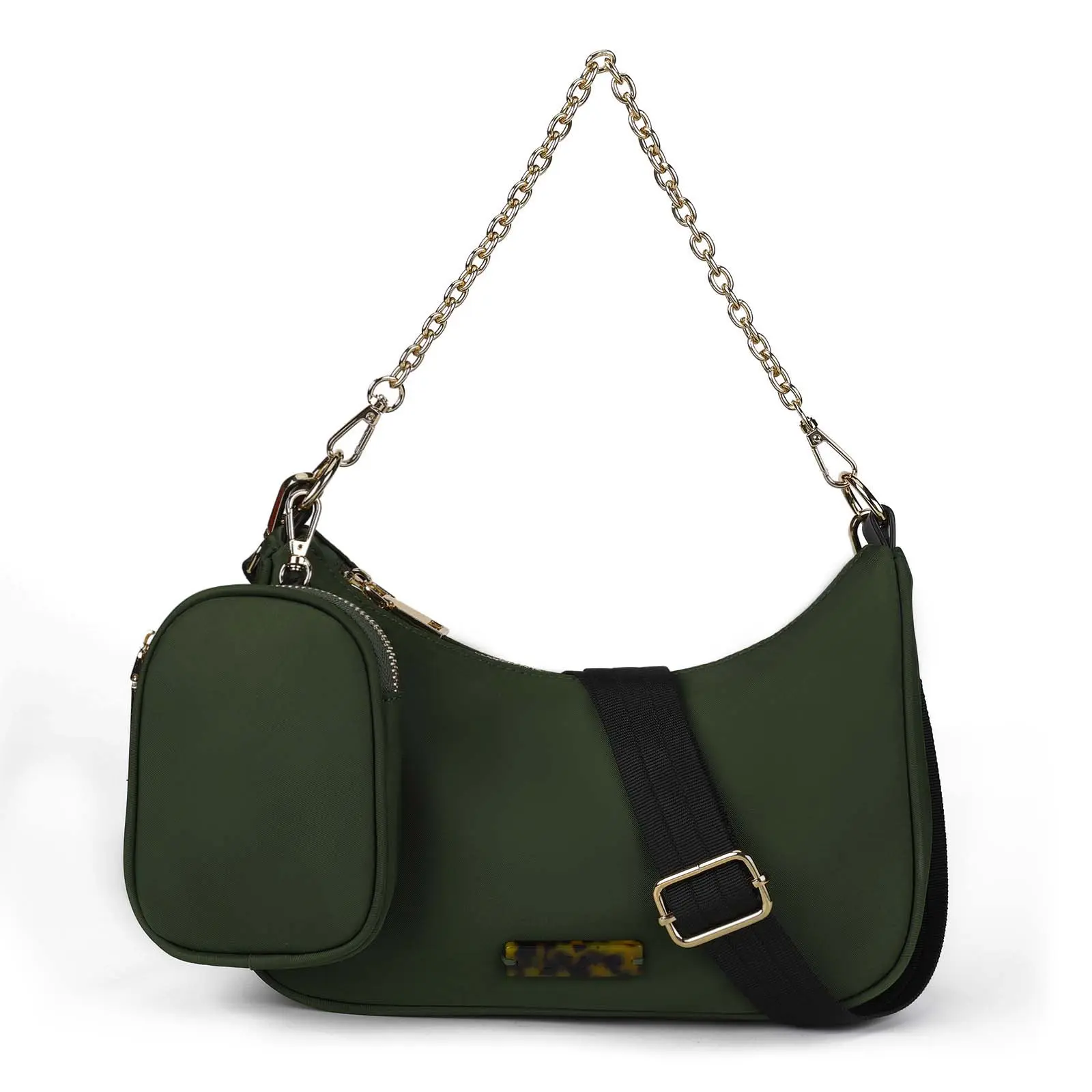 Nylon Crescent Shoulder Bag for Women, Small Hobo Crossbody Purse with Detachable Pouch, Chain & Adjustable Strap